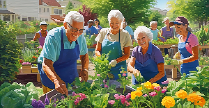Seniors working together in a vibrant community garden, planting flowers and vegetables under the warm sunlight.