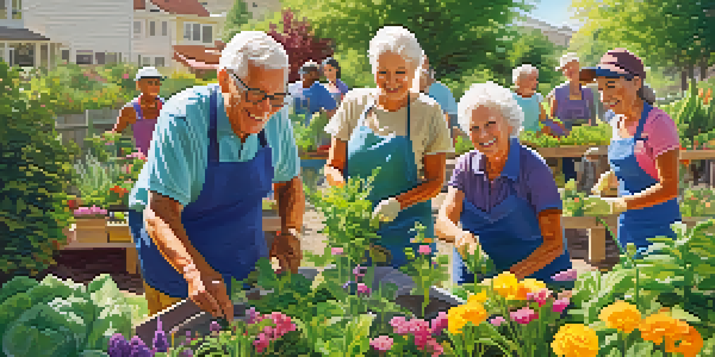 Seniors working together in a vibrant community garden, planting flowers and vegetables under the warm sunlight.
