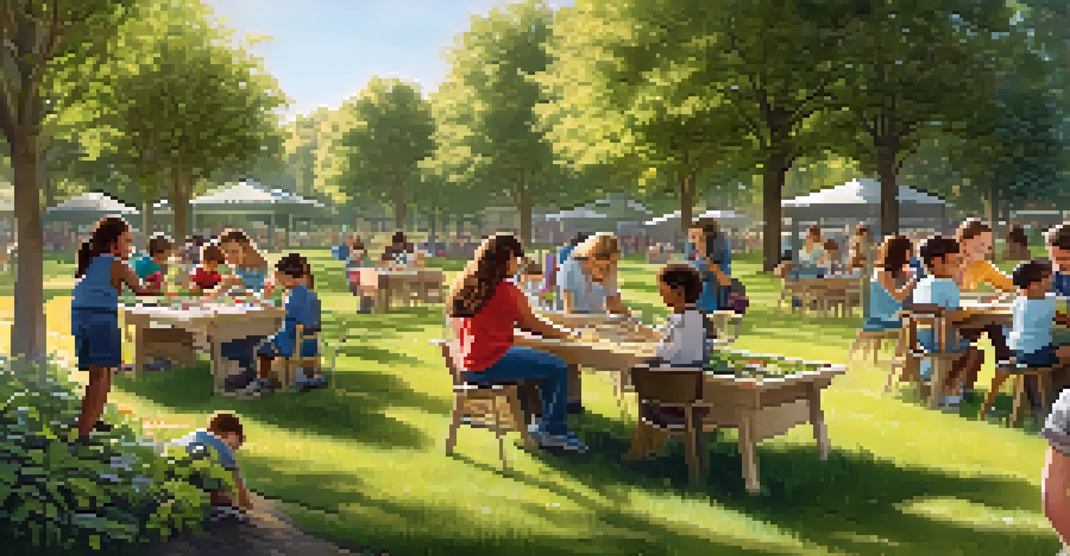 Families and children engaged in a gardening workshop in a park, with tools and plants on tables, under the warm afternoon light creating a welcoming atmosphere.