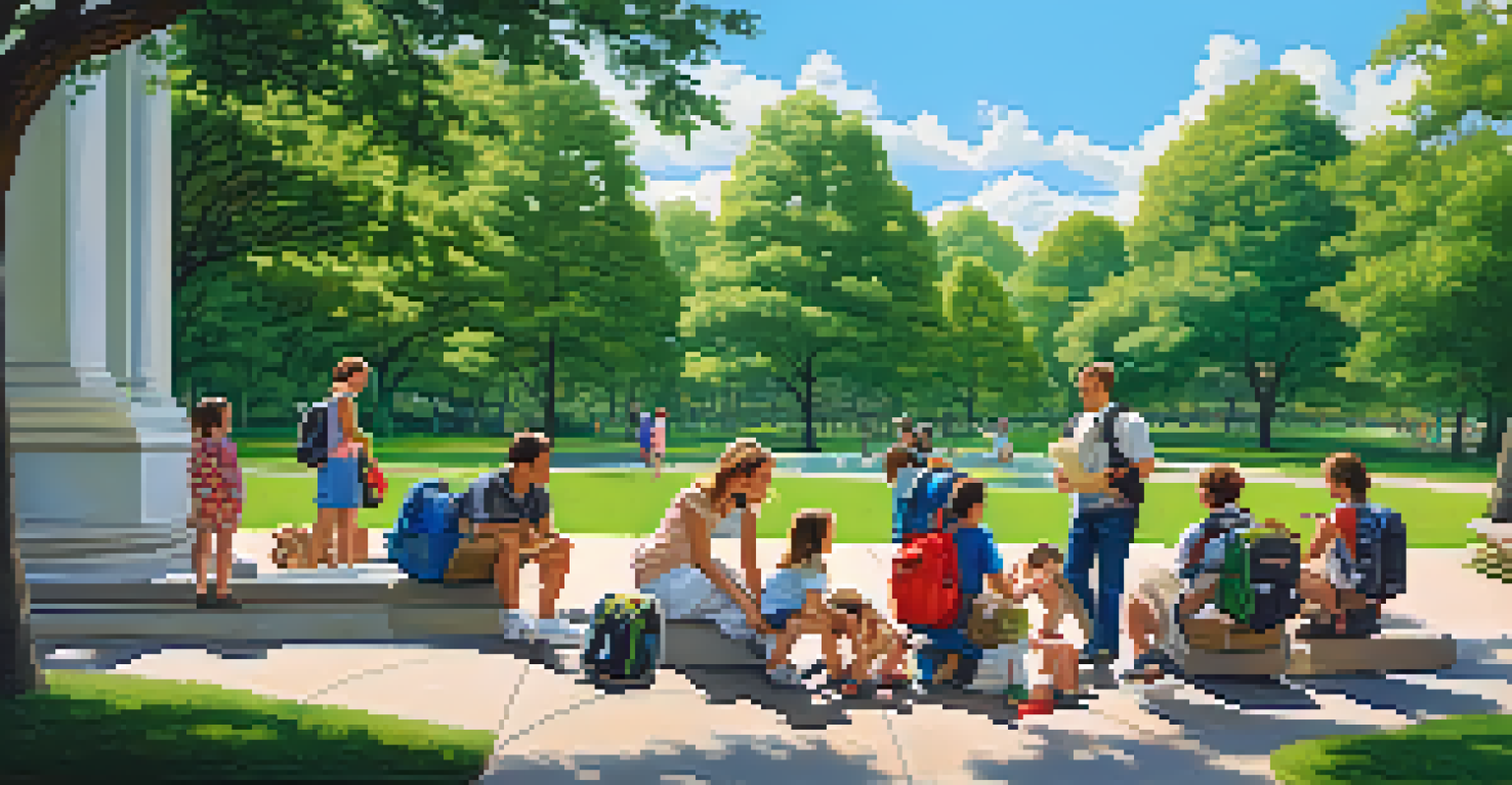 A family practicing their evacuation plan in a park, with emergency supplies and a designated meeting spot, under a bright blue sky.