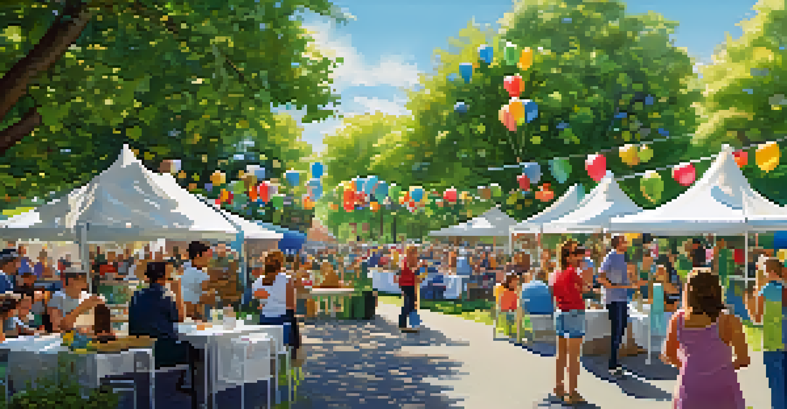 A lively community event in a park with booths showcasing local businesses and families enjoying activities.
