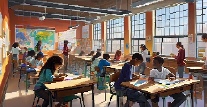 A diverse group of students working on a STEM project in a colorful urban classroom filled with sunlight.