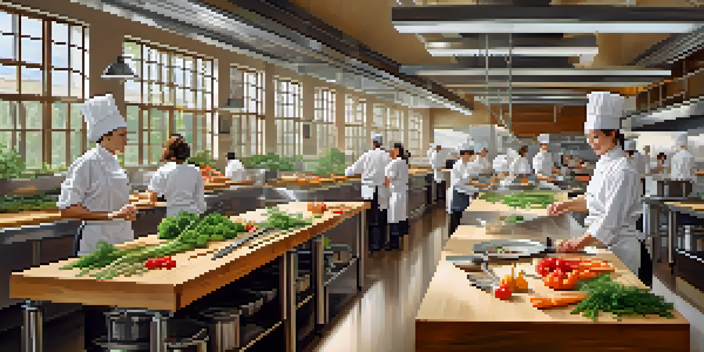 A lively cooking class with students learning knife skills, surrounded by fresh ingredients and well-lit kitchen equipment.