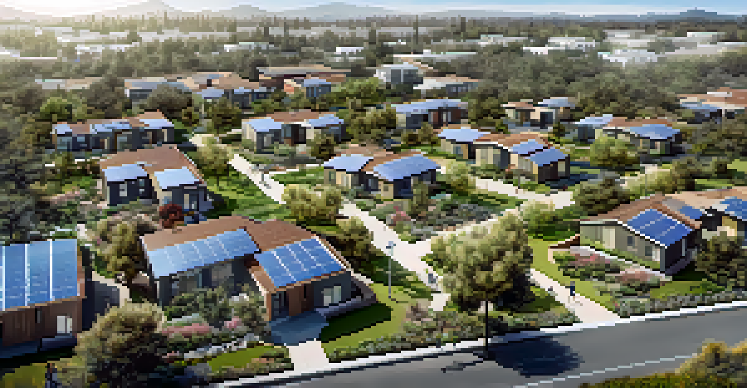 An aerial perspective of a green housing development in Cupertino, featuring solar panels and communal areas.