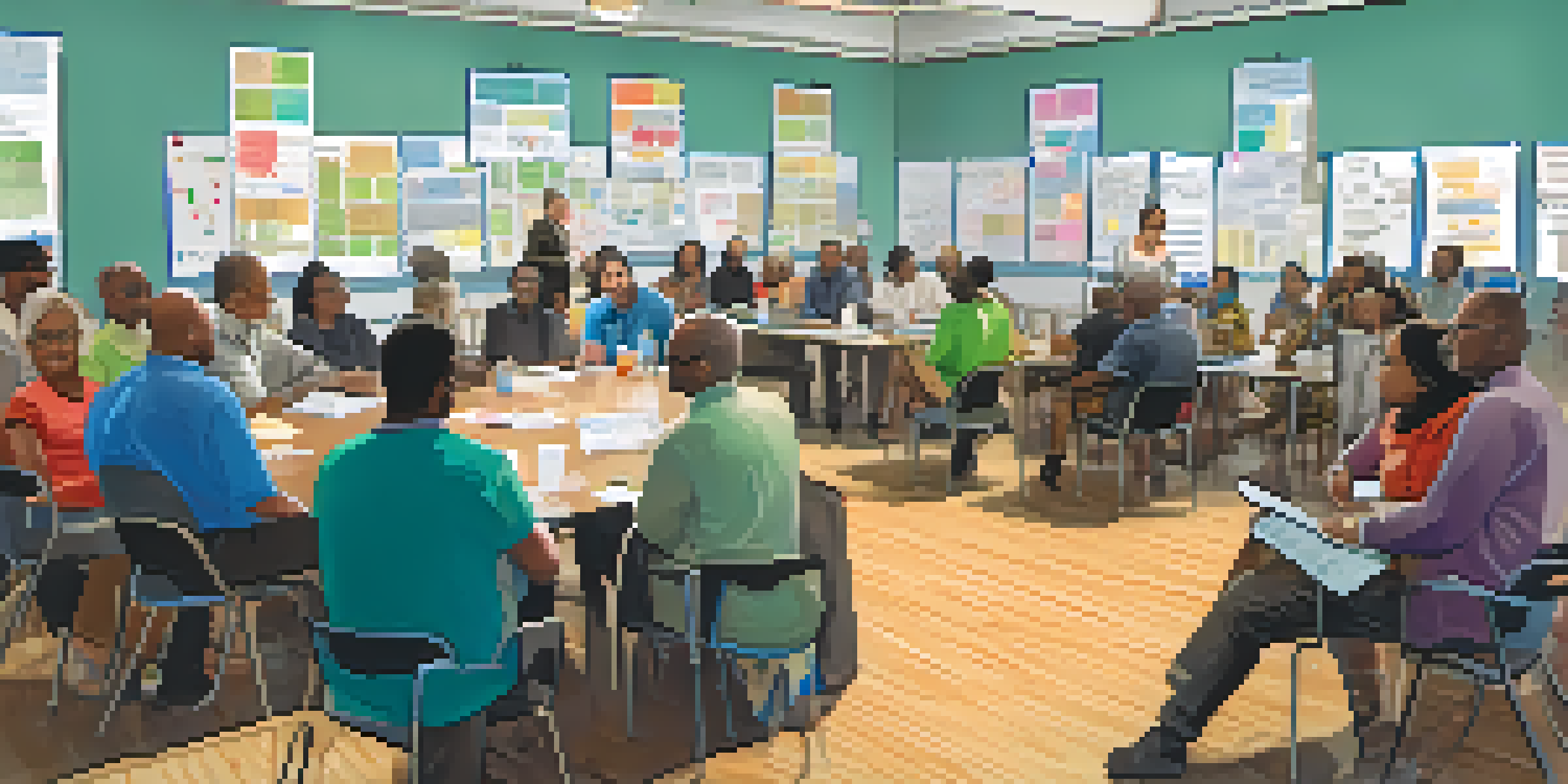 A diverse group of community members engaged in a brainstorming session about participatory budgeting in a bright and spacious meeting room.