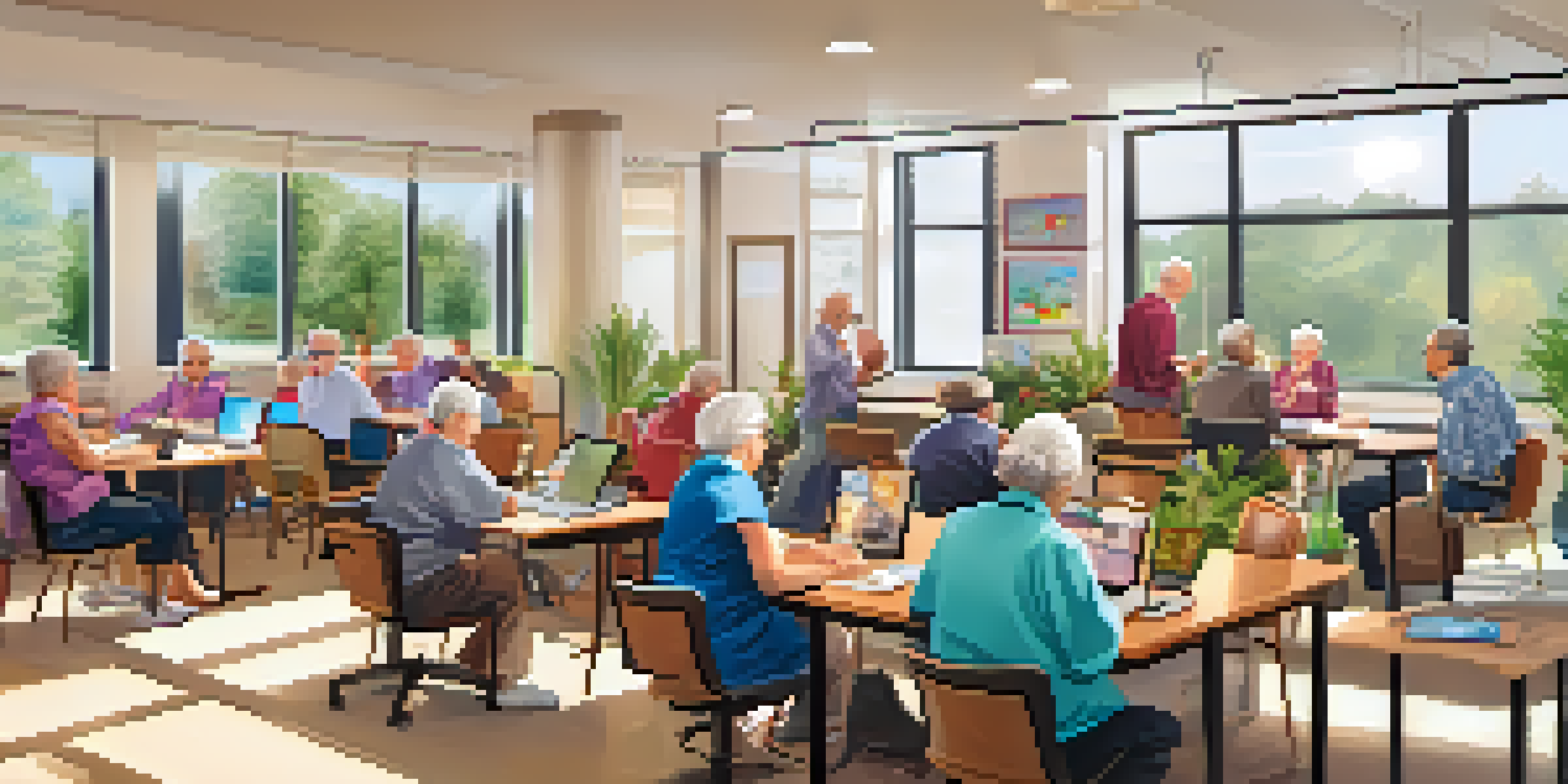 Seniors in a technology class at a community center, engaged and learning together.