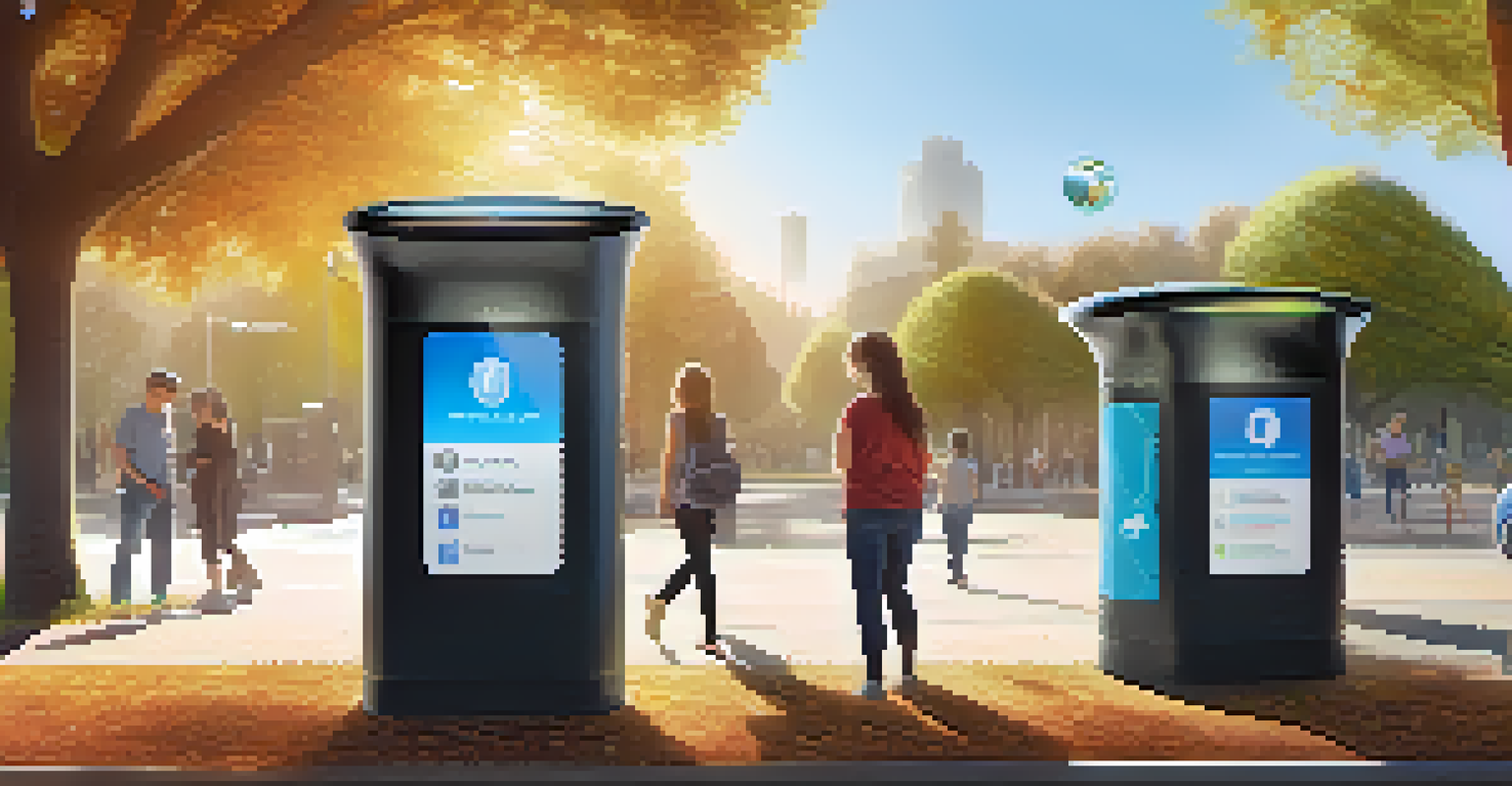 A modern smart waste bin with sensors in a park, with residents using mobile apps in the background.