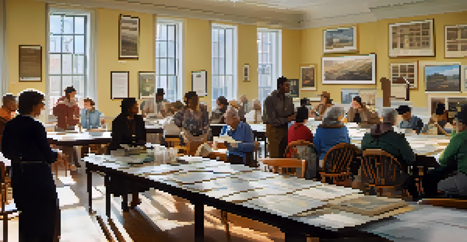 A community workshop at a local history archive with diverse participants engaged in discussions, surrounded by historical posters and artifacts.