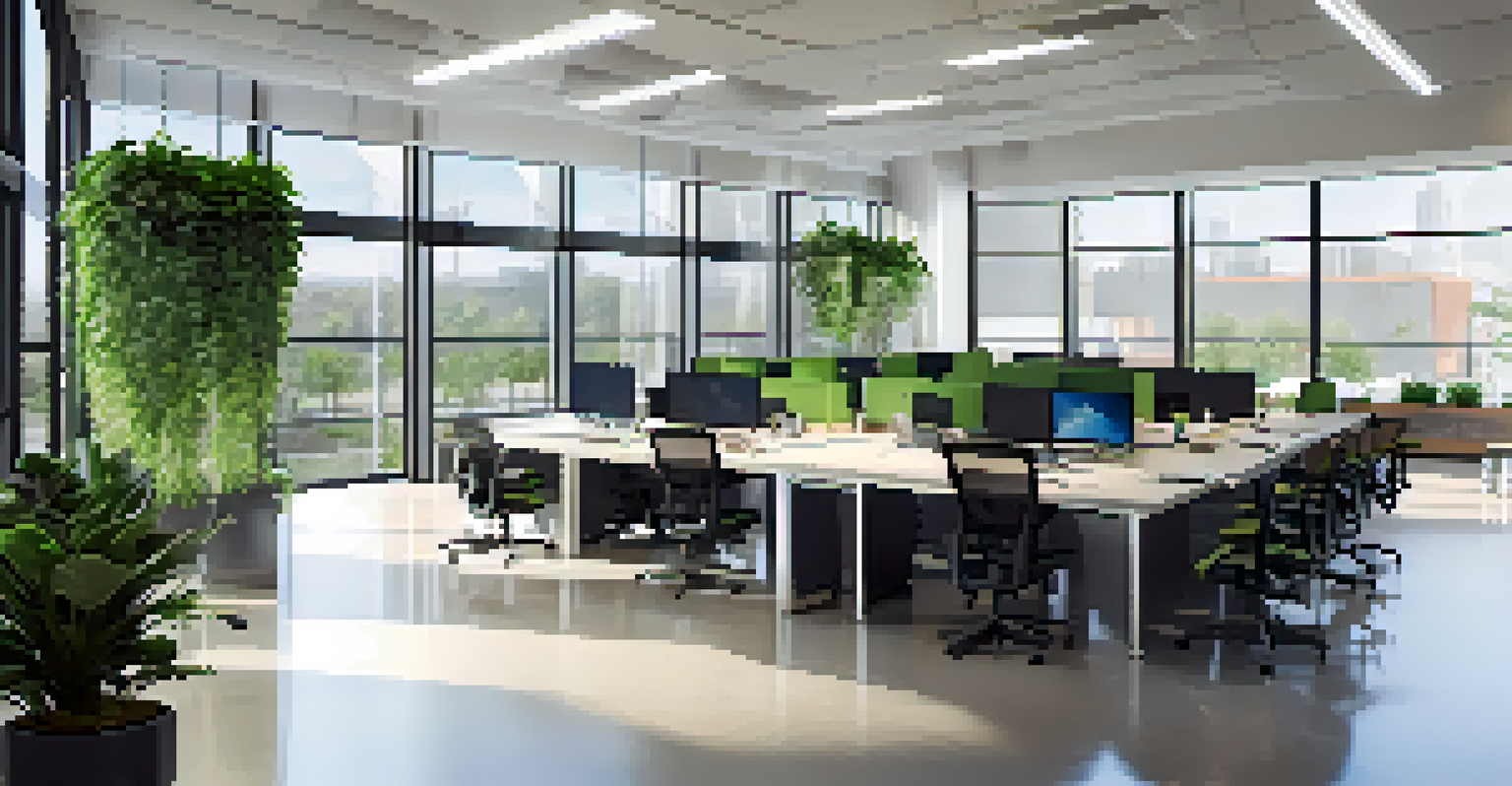 An interior of a tech office with natural light, plants, and modern energy-efficient features.