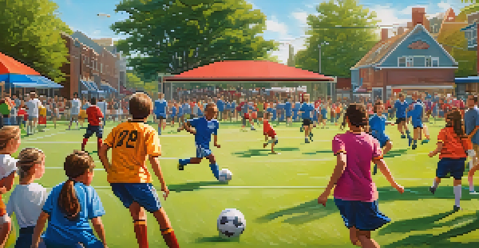 A lively community sports field where diverse individuals are playing soccer, highlighting teamwork and camaraderie.