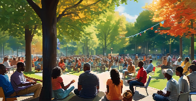 A community meeting in a park with diverse residents talking and colorful banners in the background.