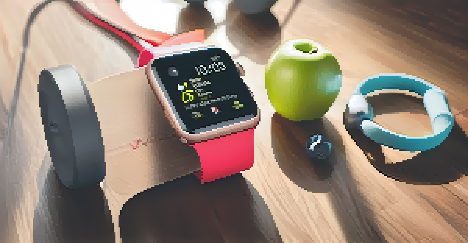A sleek Apple Watch on a wooden table with fitness gear around it, in a bright and motivating setting.