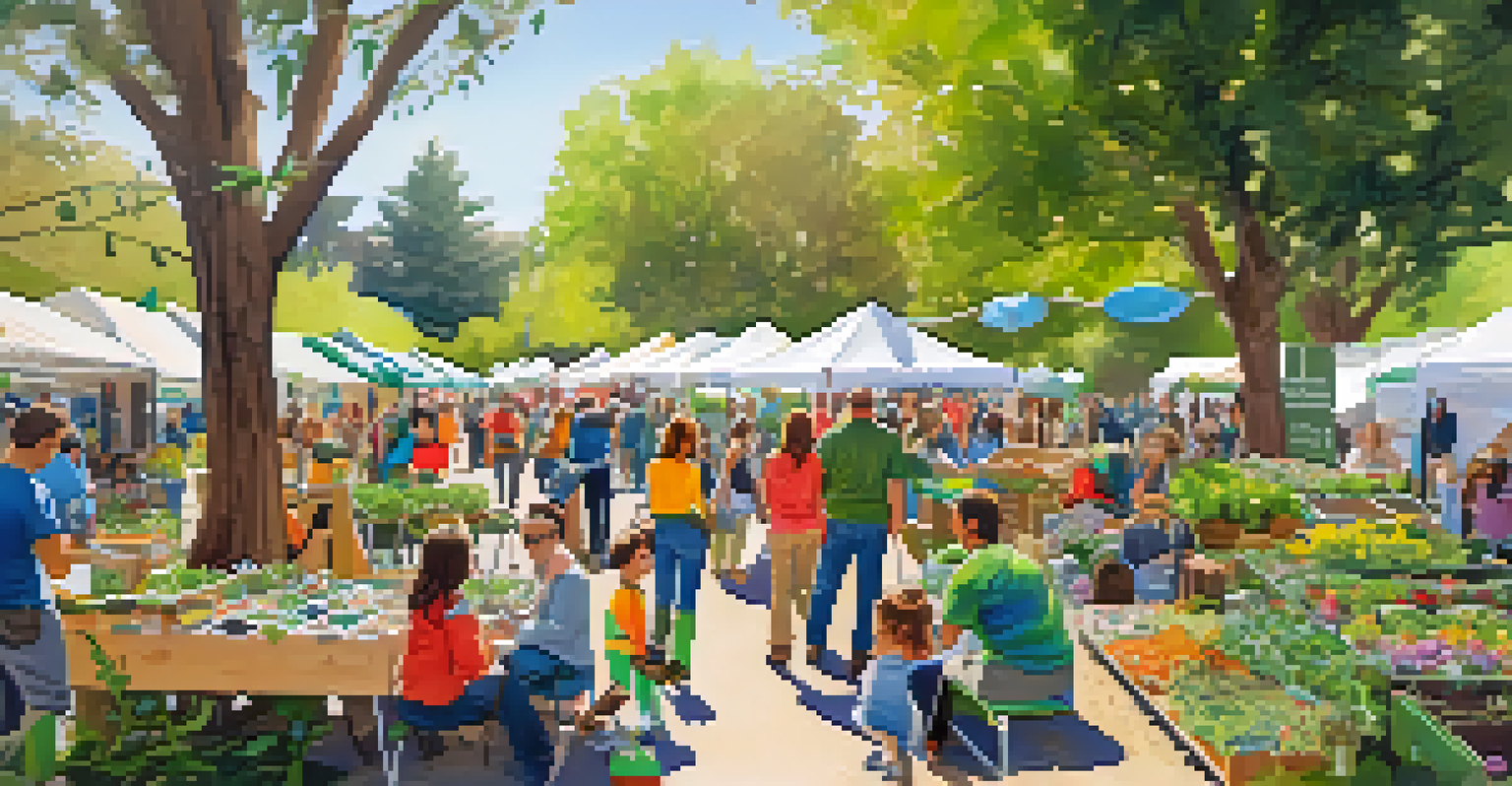 Families engaging in activities at a sustainability fair with booths and demonstrations.