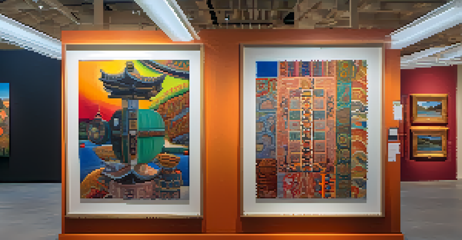An artistic display of colorful artwork in a gallery setting, with visitors engaging with the pieces reflecting Cupertino's cultural heritage.
