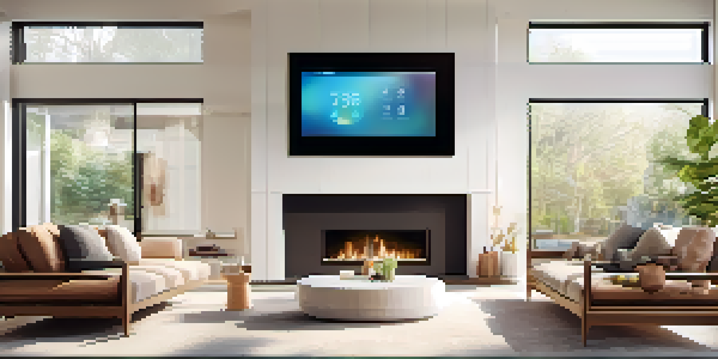 A bright modern living room with an iPhone controlling smart home devices like lights and a thermostat, surrounded by minimalist furniture and natural sunlight.