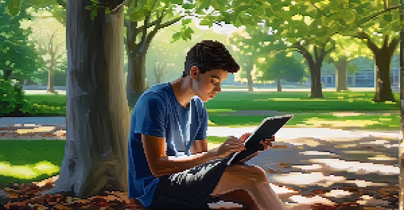 A student in a park using a tablet for learning, surrounded by trees and flowers, highlighting the blend of nature and technology.