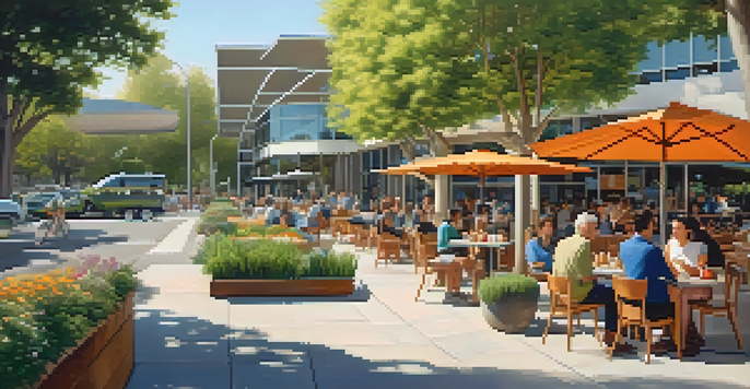 A lively outdoor cafe in Cupertino with customers enjoying coffee, and the iconic Apple Park in the background, surrounded by trees.