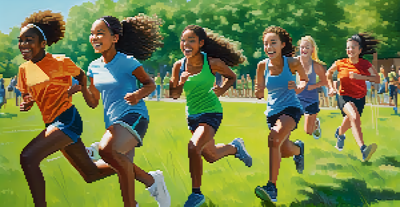 Diverse teens enjoying a team fitness challenge outdoors, showcasing friendship and teamwork in a sunny park setting.