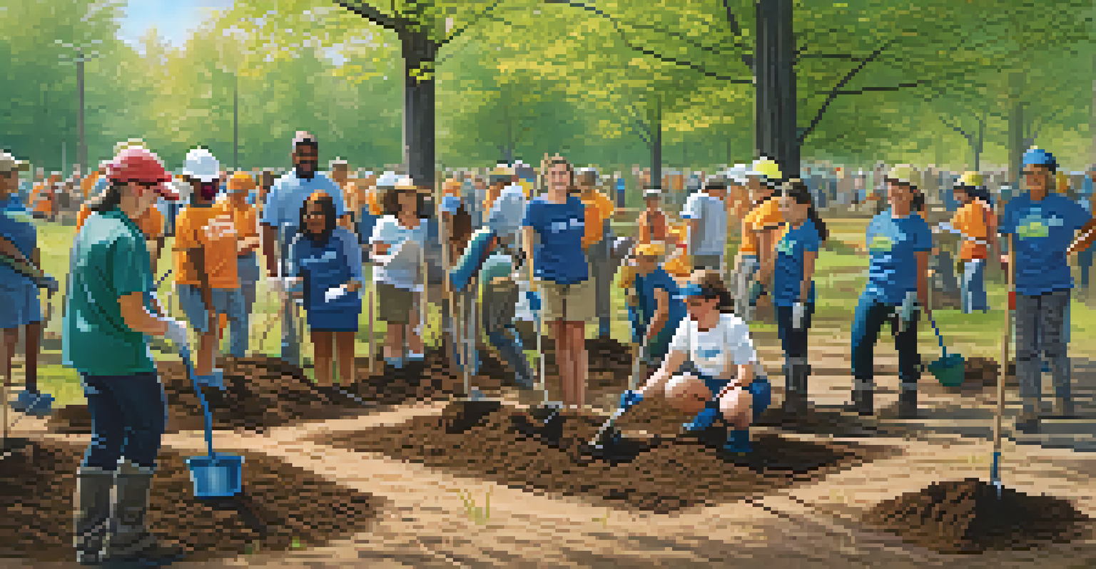 Volunteers planting young trees in a park during a community tree planting event, showcasing teamwork and enthusiasm.