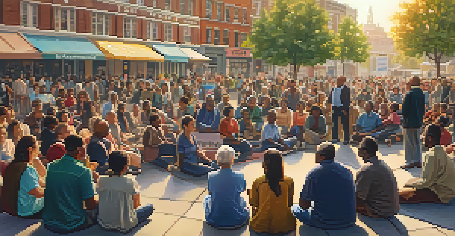 A community meeting in a city square with residents discussing local issues, seated in a circle under a 'Civic Engagement' banner.