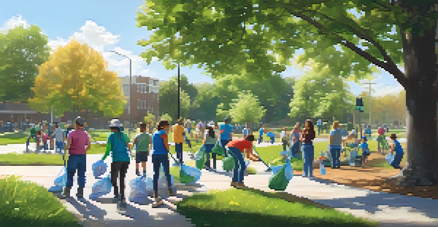 Families and students participating in a community clean-up in a park, picking up litter together.