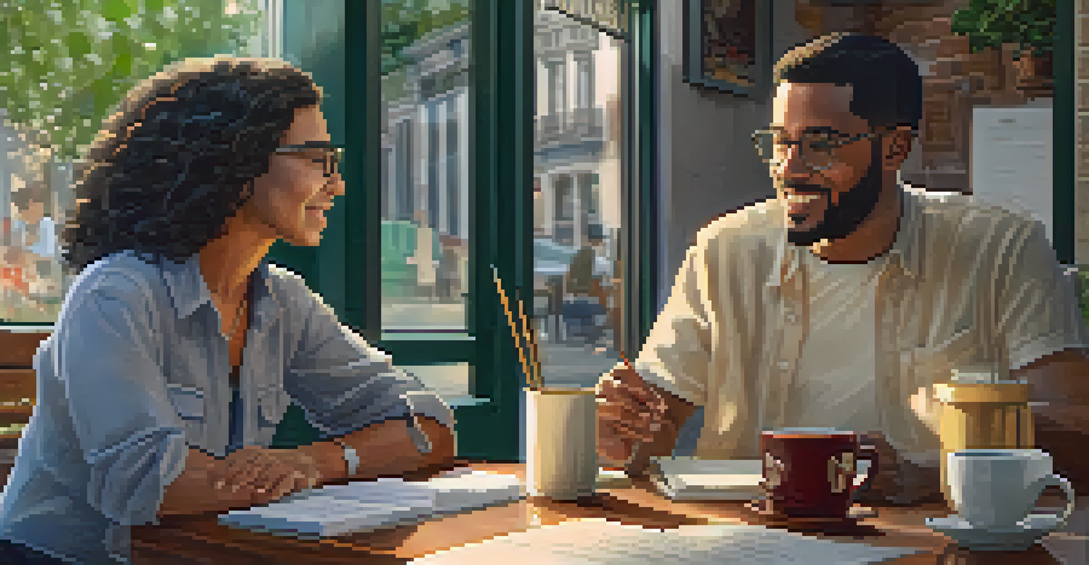 A mentor and mentee discussing community advocacy strategies in a cozy café.