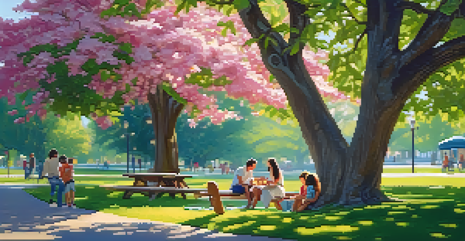 A family enjoying a picnic under a tree in Boranda Park, surrounded by nature and a playground.