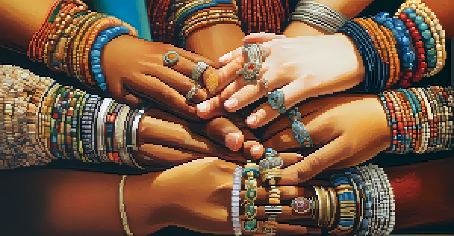 A close-up of diverse hands forming a circle, symbolizing unity and cooperation, with traditional jewelry in a softly blurred background.