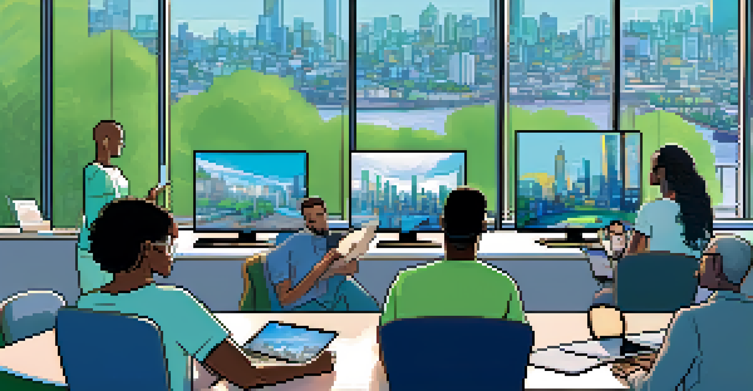 Residents engaging in a virtual online forum on their laptops, with a city skyline background.