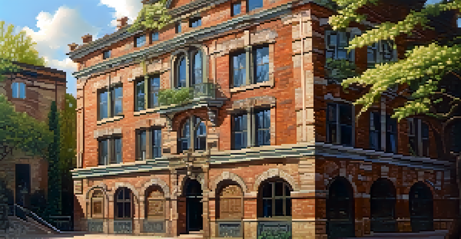 A close-up view of a historical building's textured facade, showcasing aged bricks and ornate carvings, illuminated by soft morning light.
