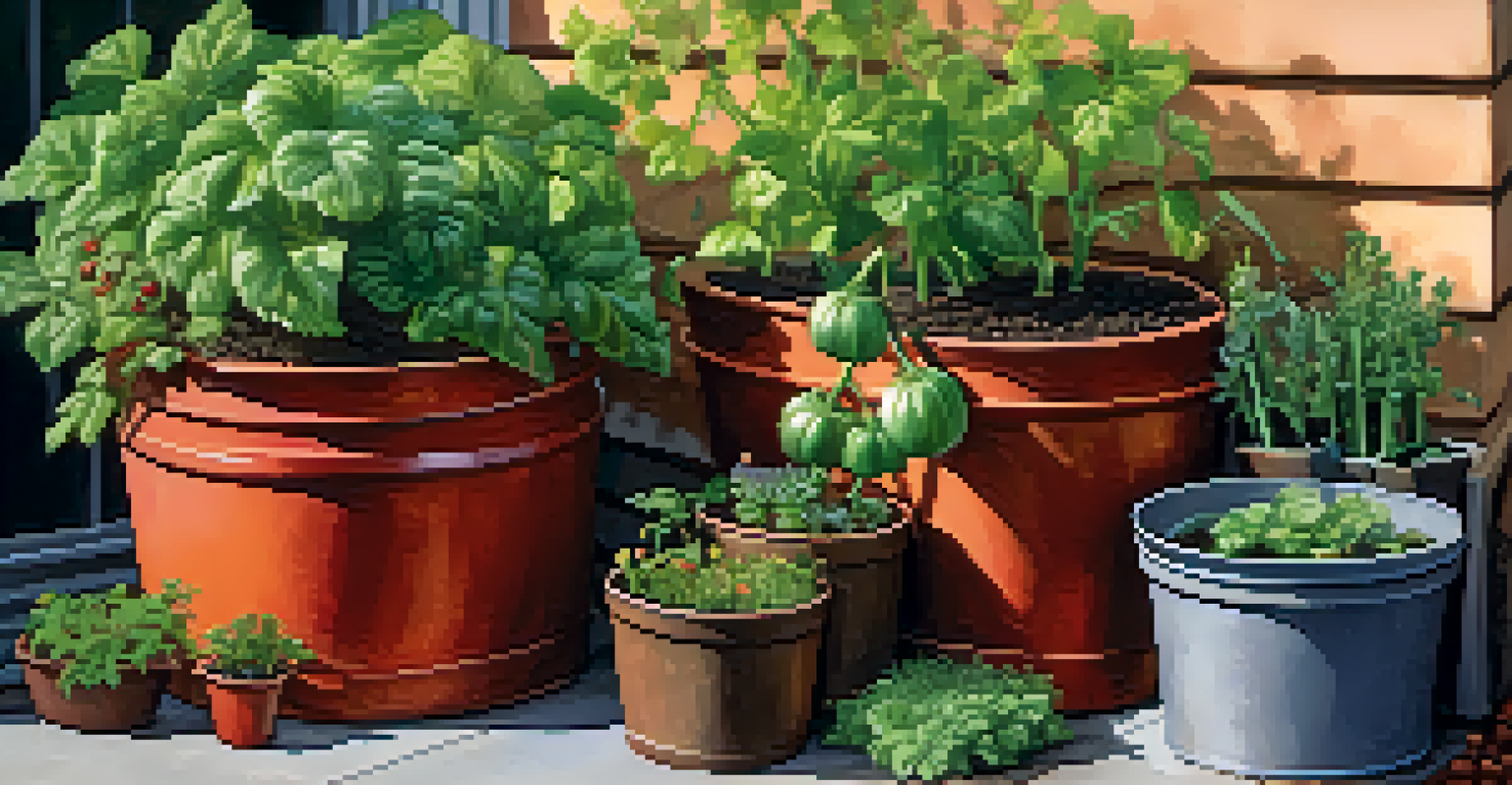 A detailed view of a self-watering container garden with healthy plants, alongside a rainwater collection barrel.
