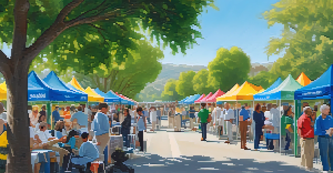 A vibrant outdoor health screening event with diverse residents participating in health checks under a sunny sky.