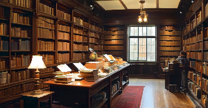 A warm and inviting local history archive with shelves of old journals and artifacts, and visitors exploring the space.