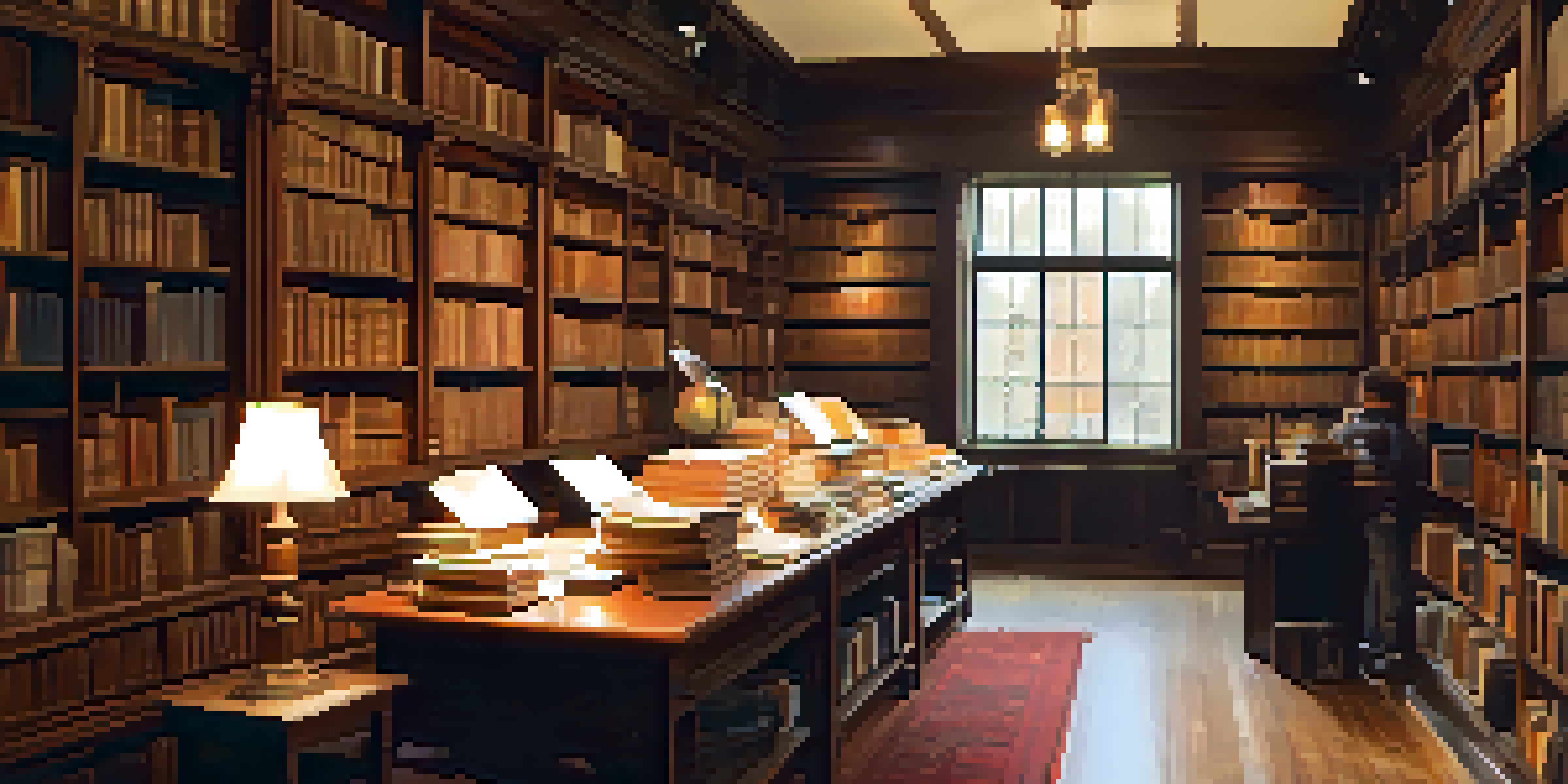 A warm and inviting local history archive with shelves of old journals and artifacts, and visitors exploring the space.