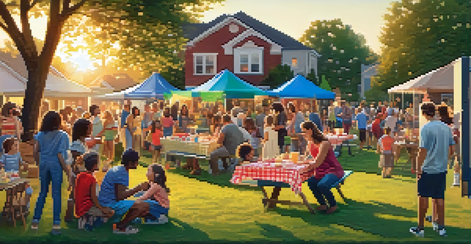 A lively neighborhood block party with families, children, and colorful decorations, set under a warm sunset.