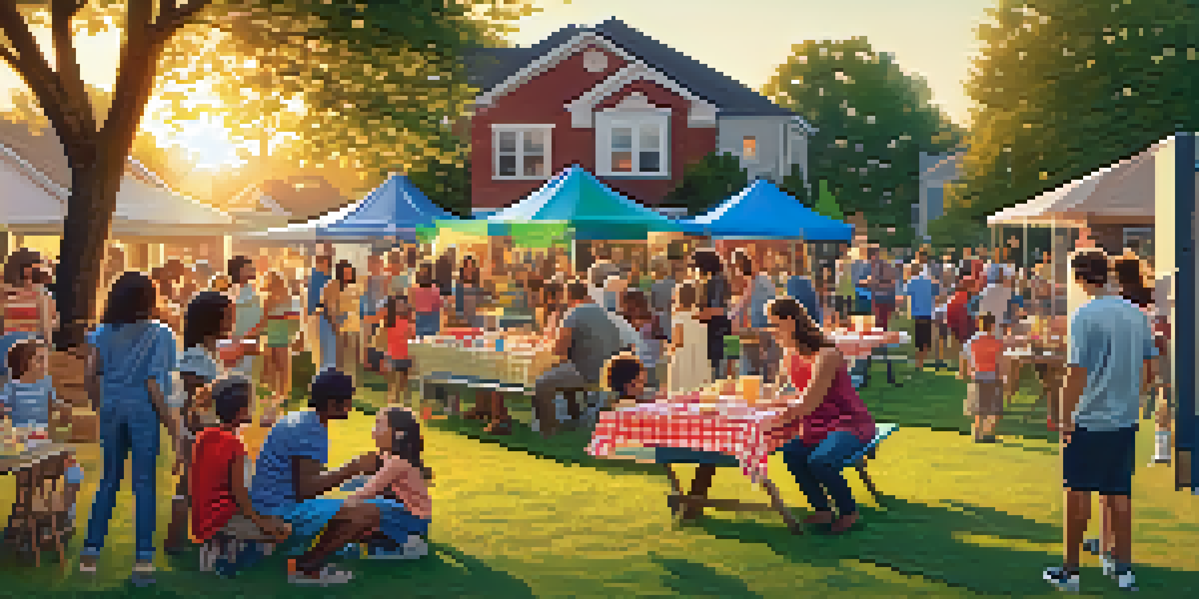 A lively neighborhood block party with families, children, and colorful decorations, set under a warm sunset.