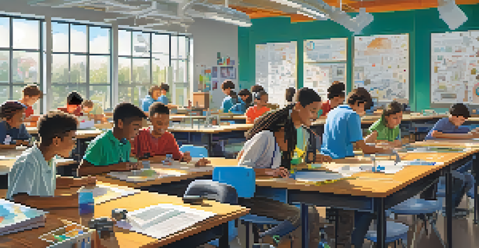A diverse group of students collaborating on a robotics project in a bright classroom filled with educational posters.
