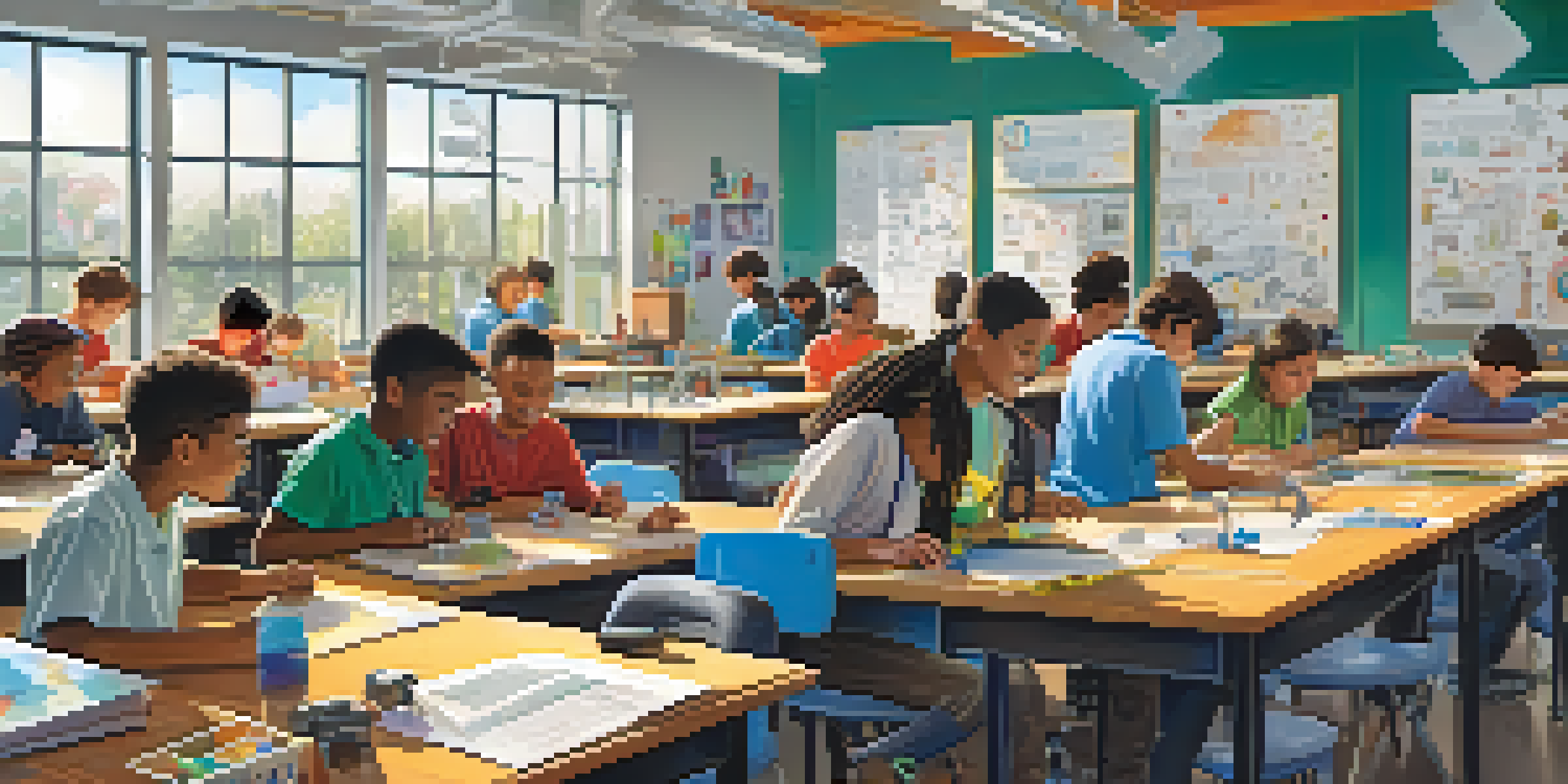 A diverse group of students collaborating on a robotics project in a bright classroom filled with educational posters.
