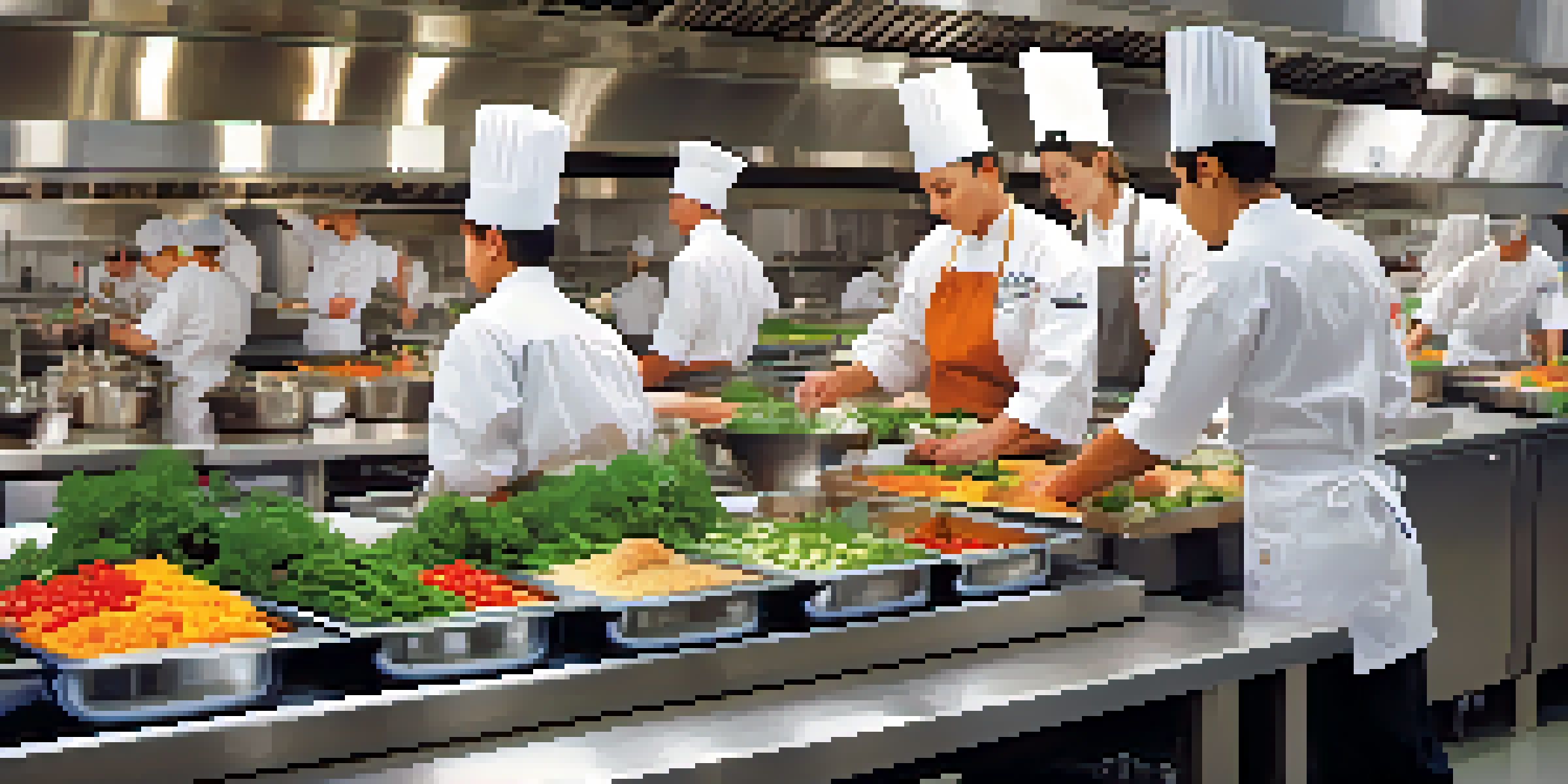 A busy culinary school kitchen with students in chef uniforms preparing various dishes, showcasing teamwork and creativity.