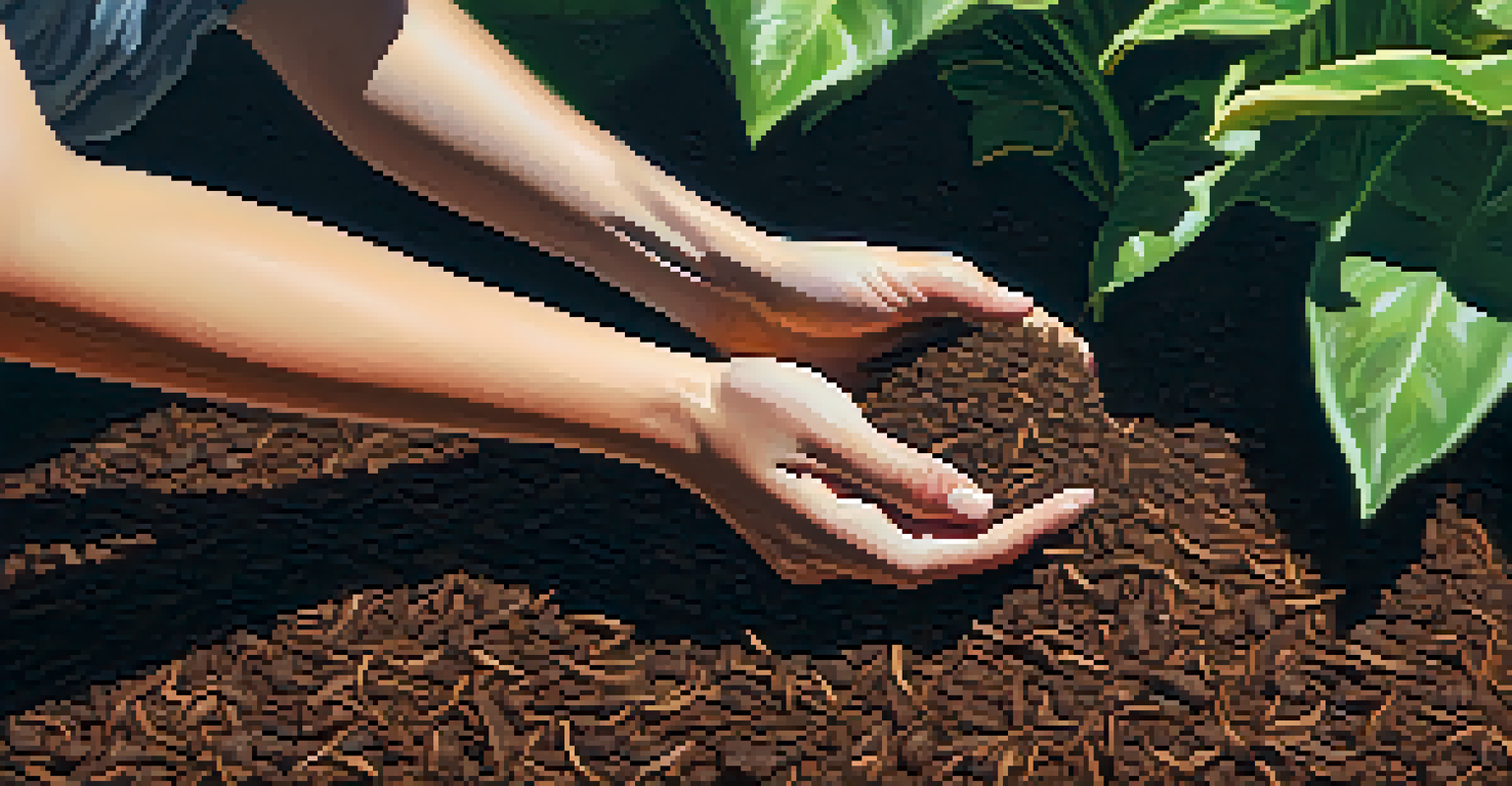 A close-up of a hand spreading dark wood chip mulch around a green plant, with warm sunlight illuminating the scene.