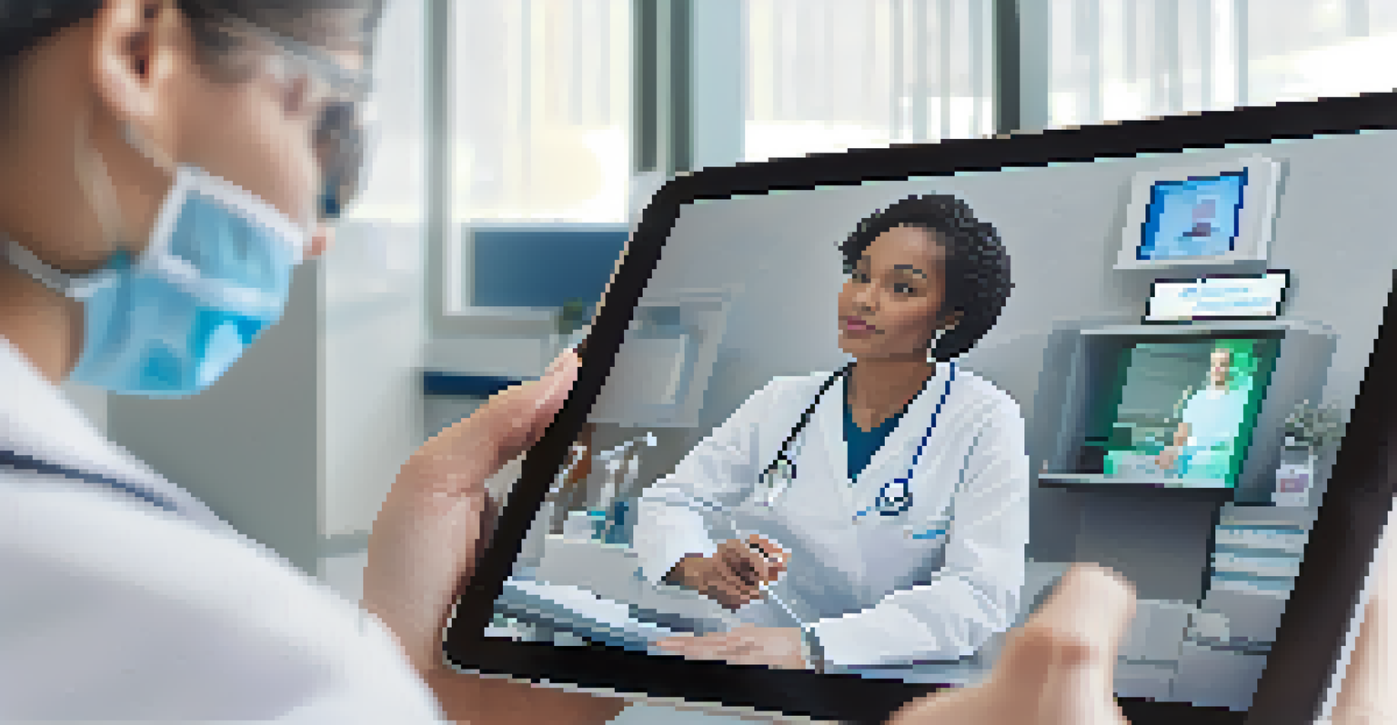 A healthcare professional having a video consultation with a patient on a tablet, surrounded by medical instruments in a modern clinic.