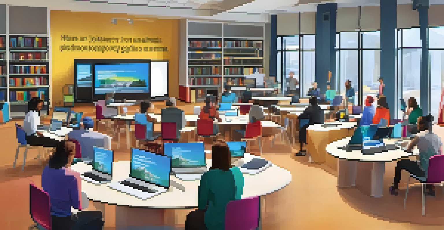 A lively public library during a virtual workshop, with patrons using laptops and tablets. A presenter is displayed on a large screen, surrounded by colorful event banners.