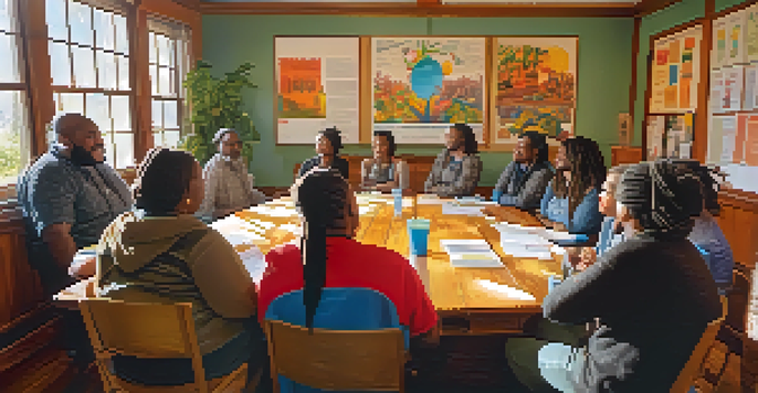 A diverse group of people engaged in a community meeting in a bright room, with a facilitator leading the discussion and sunlight streaming through the windows.