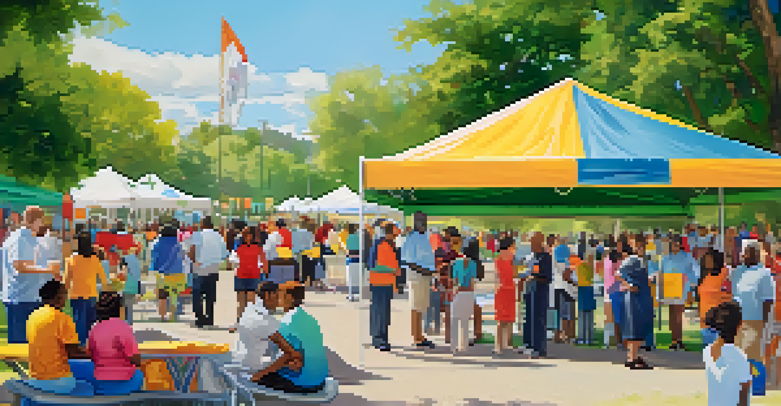 A vibrant community health fair in a park with families interacting with healthcare professionals, colorful banners in the background and blue skies above.