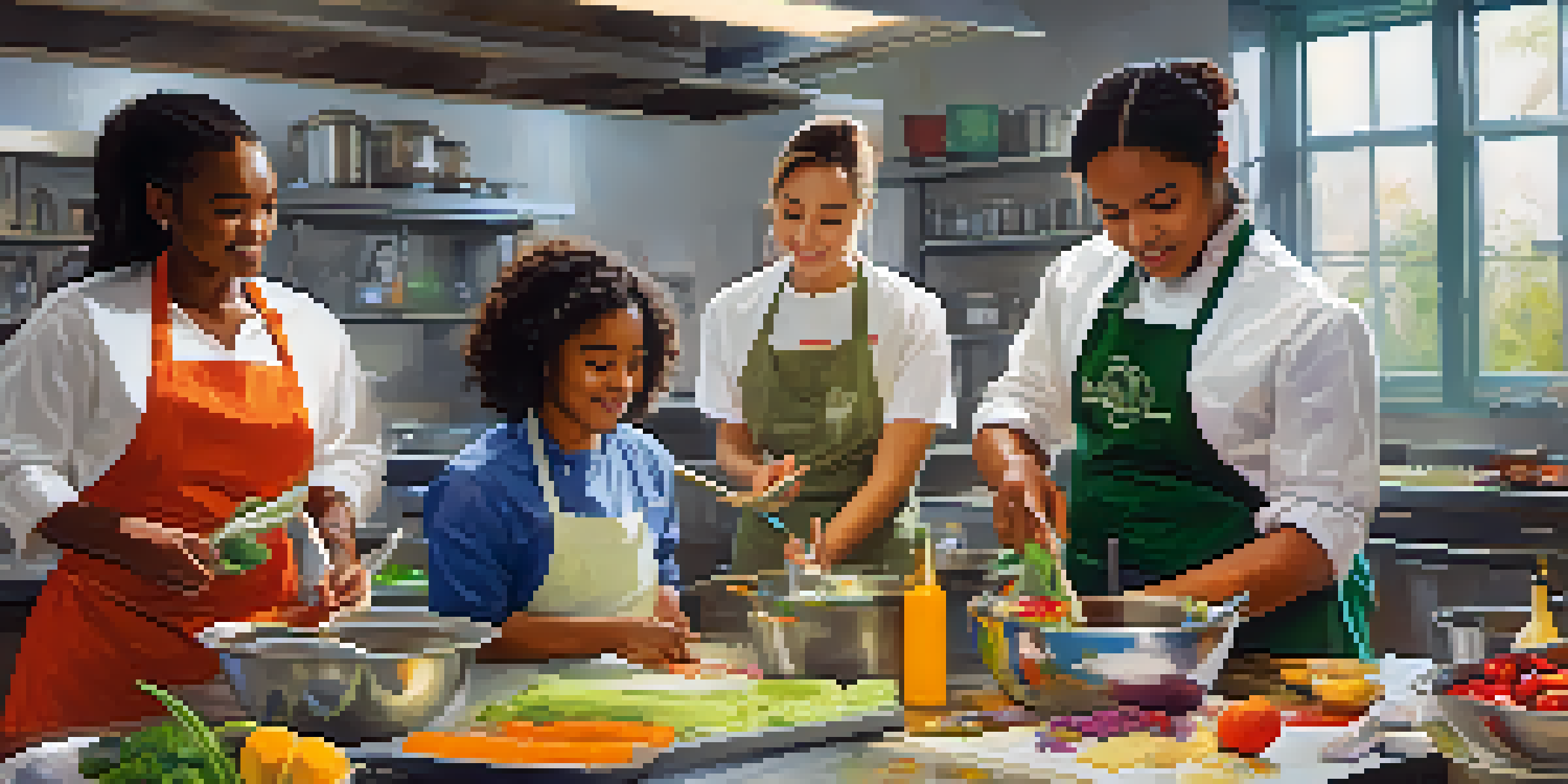 A lively culinary classroom with students cooking and an instructor demonstrating techniques, filled with colorful ingredients and utensils.