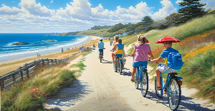 A family cycling together on a coastal path with the ocean in the background and bright blue skies above.