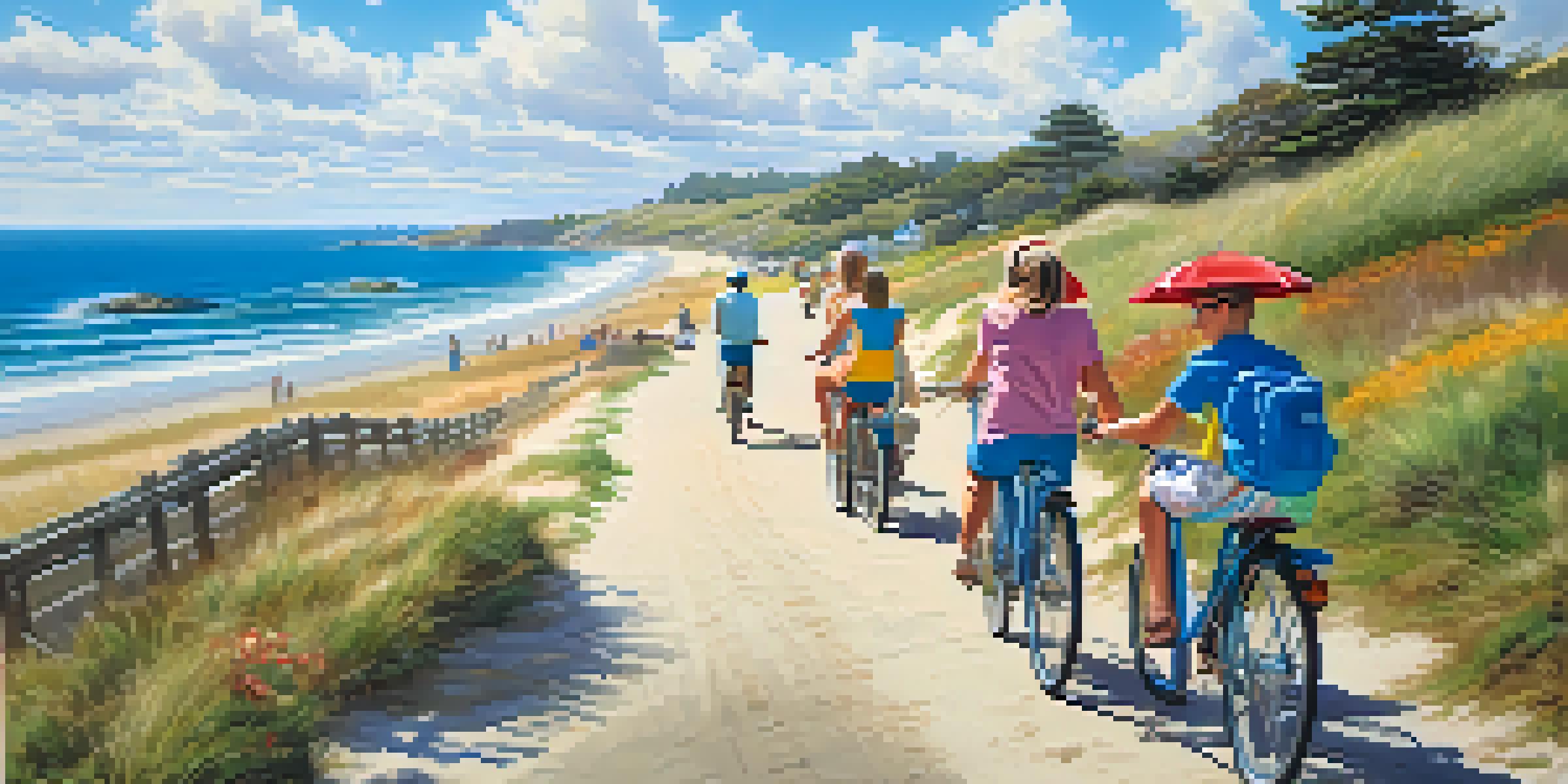 A family cycling together on a coastal path with the ocean in the background and bright blue skies above.