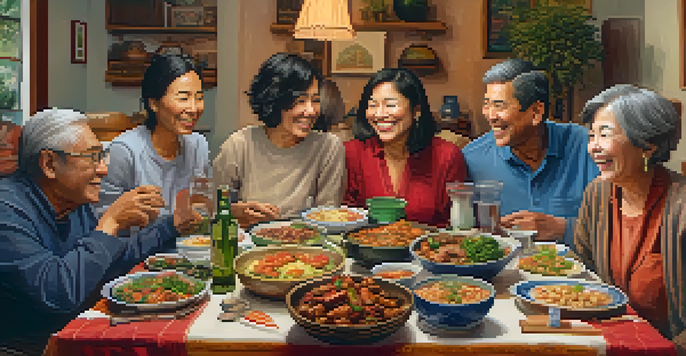 A group of diverse individuals enjoying a meal together in a warm living room filled with cultural artifacts.
