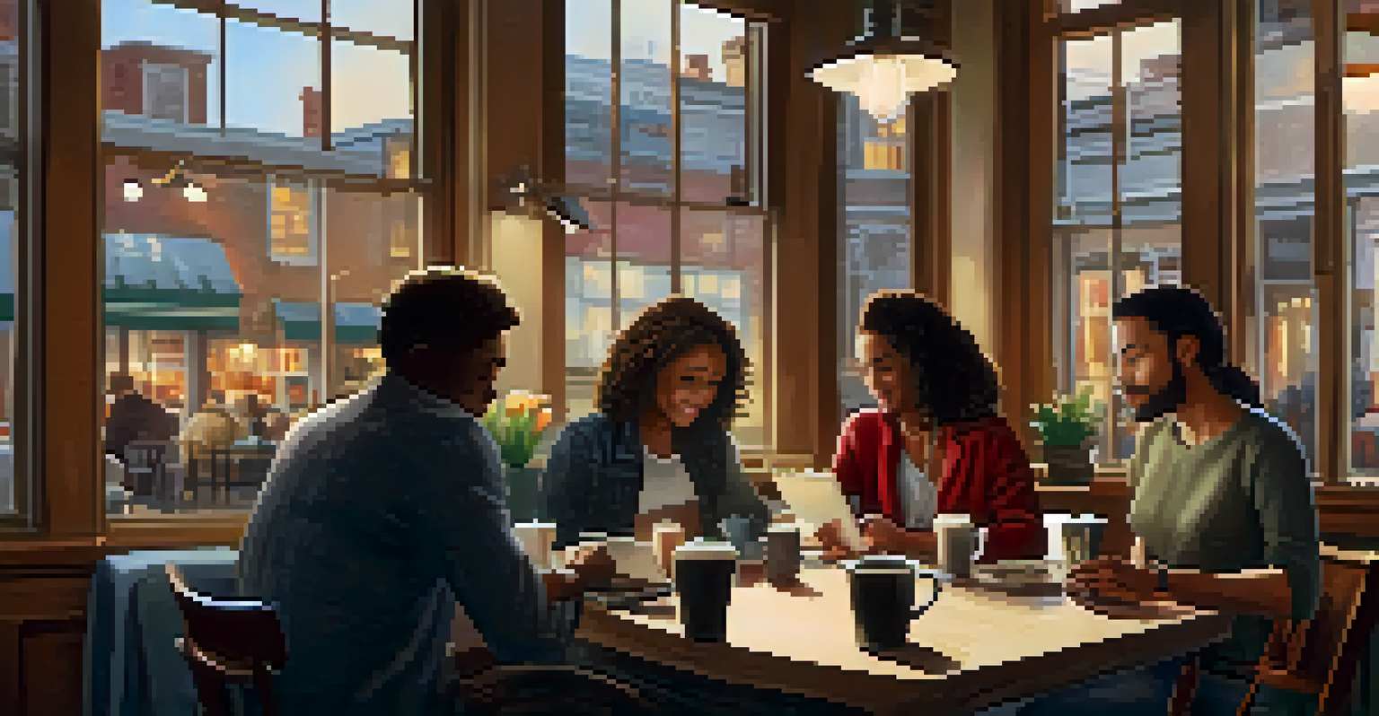 A group of entrepreneurs brainstorming in a cozy coffee shop, surrounded by laptops and notebooks, with warm lighting and a bustling street visible outside.