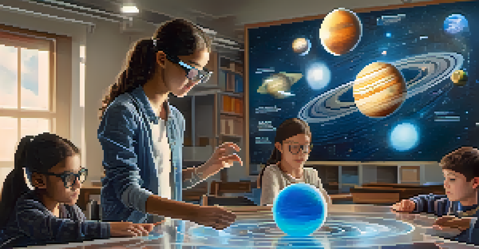 A young girl using augmented reality glasses to interact with a holographic model of the solar system in a classroom.